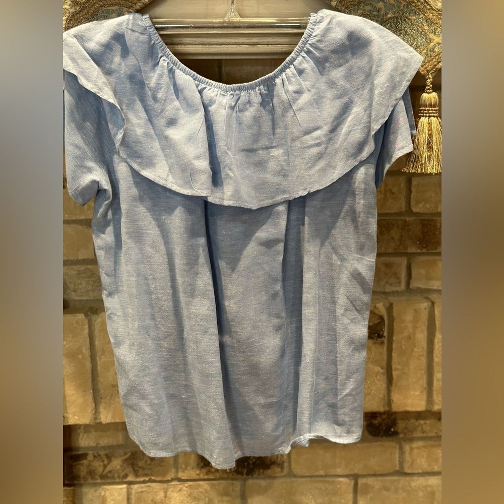 Annie. Light Blue Ruffle Neck Top - Picture 4 of 5
